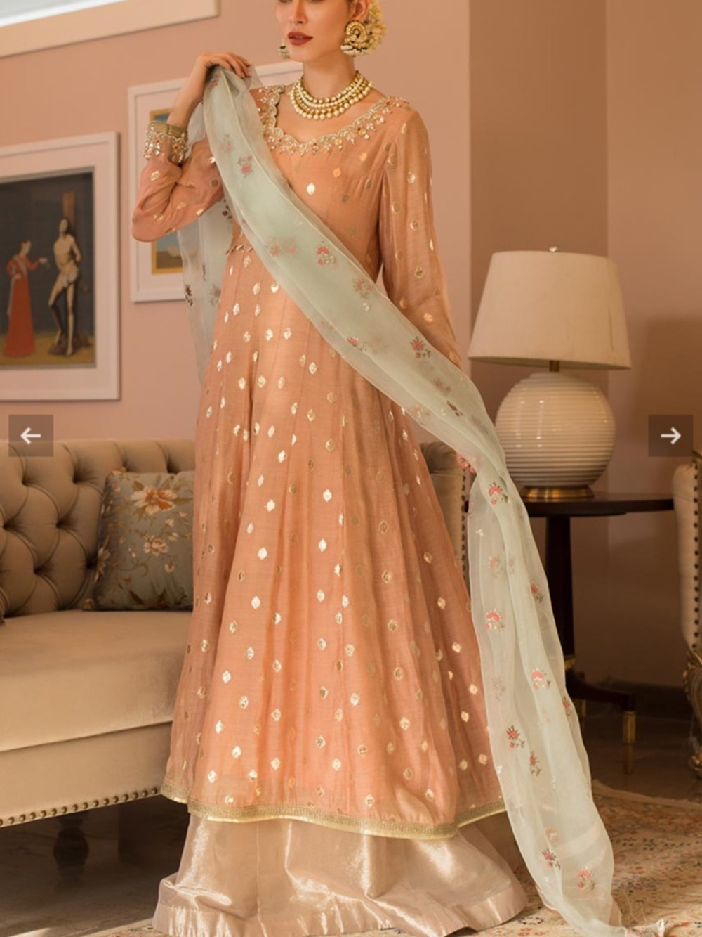 Embellished Anarkali Dress with tissue Sharara & Mint all over work Dupatta